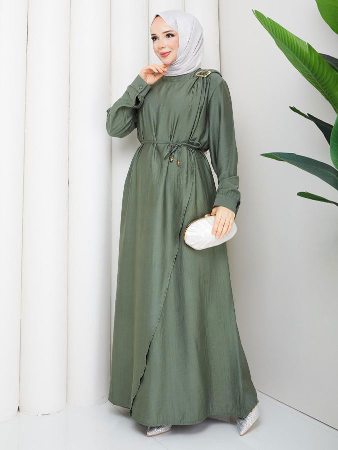 Toka Detaylı Tesettür Elbise-5145 Hakiyeşili