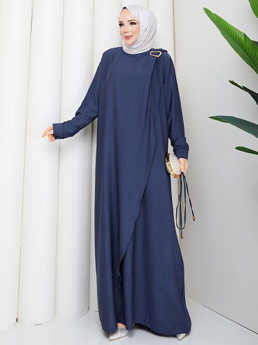 Toka Detaylı Tesettür Elbise-5145 İndigo - Thumbnail