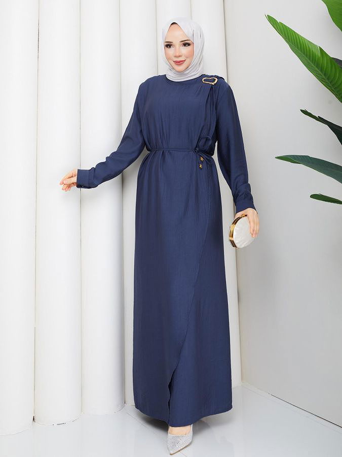 Toka Detaylı Tesettür Elbise-5145 İndigo