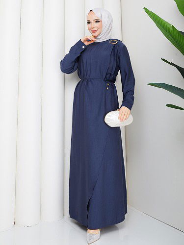 Toka Detaylı Tesettür Elbise-5145 İndigo - Thumbnail