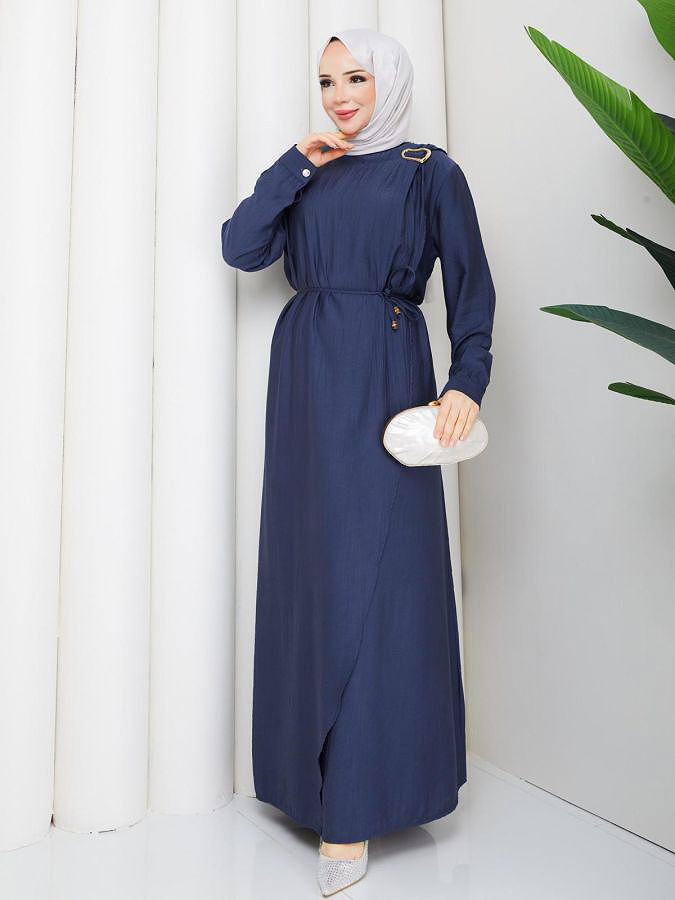 Toka Detaylı Tesettür Elbise-5145 İndigo
