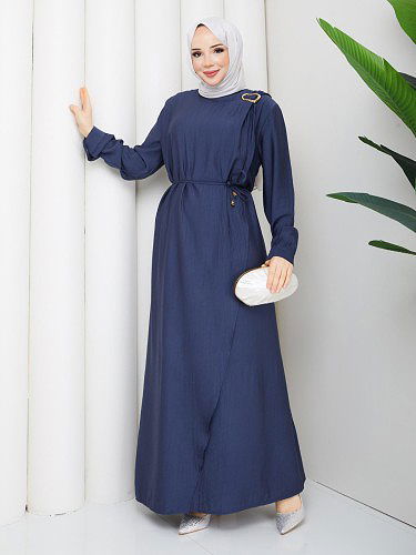 Toka Detaylı Tesettür Elbise-5145 İndigo - Thumbnail