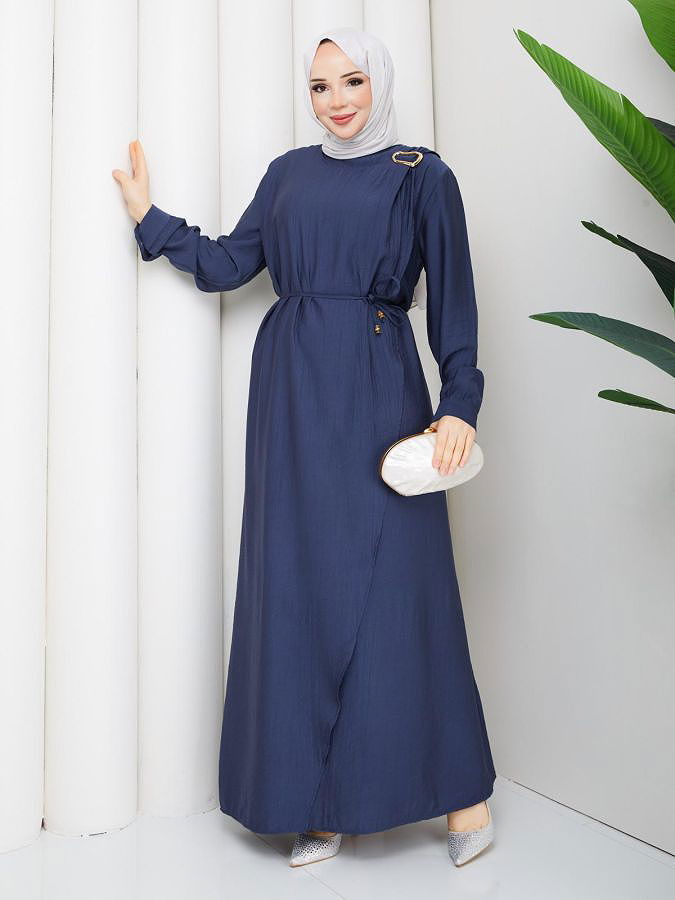 Toka Detaylı Tesettür Elbise-5145 İndigo