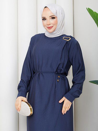 Toka Detaylı Tesettür Elbise-5145 İndigo - Thumbnail