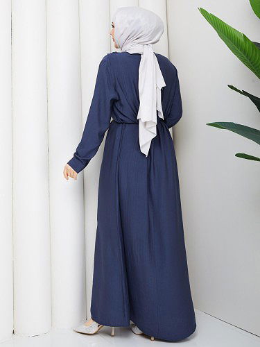 Toka Detaylı Tesettür Elbise-5145 İndigo - Thumbnail