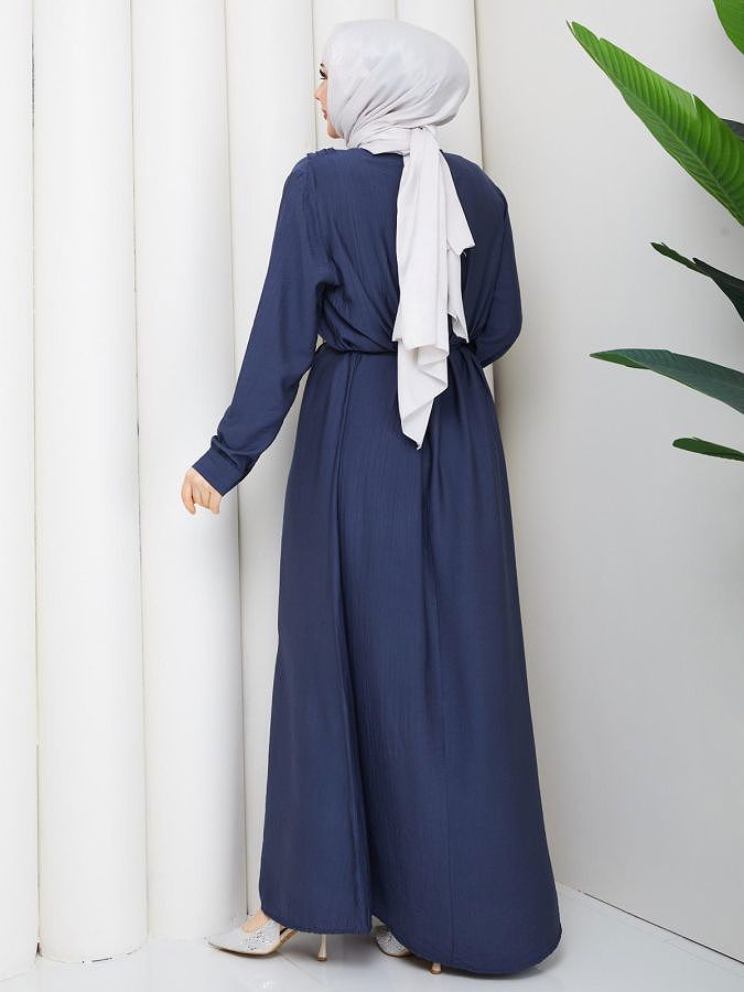 Toka Detaylı Tesettür Elbise-5145 İndigo