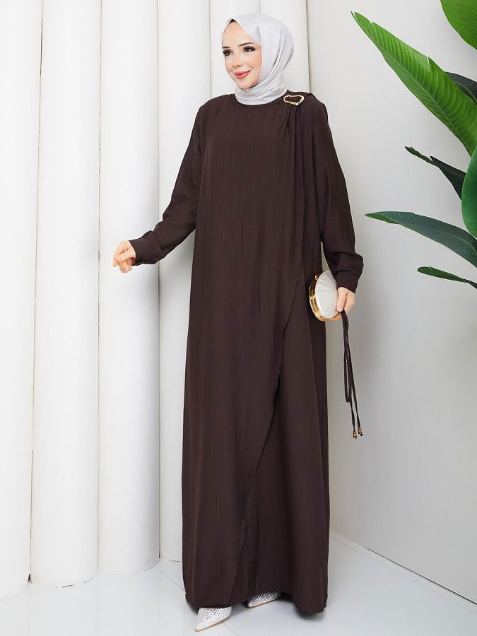 Toka Detaylı Tesettür Elbise-5145 Kahverengi