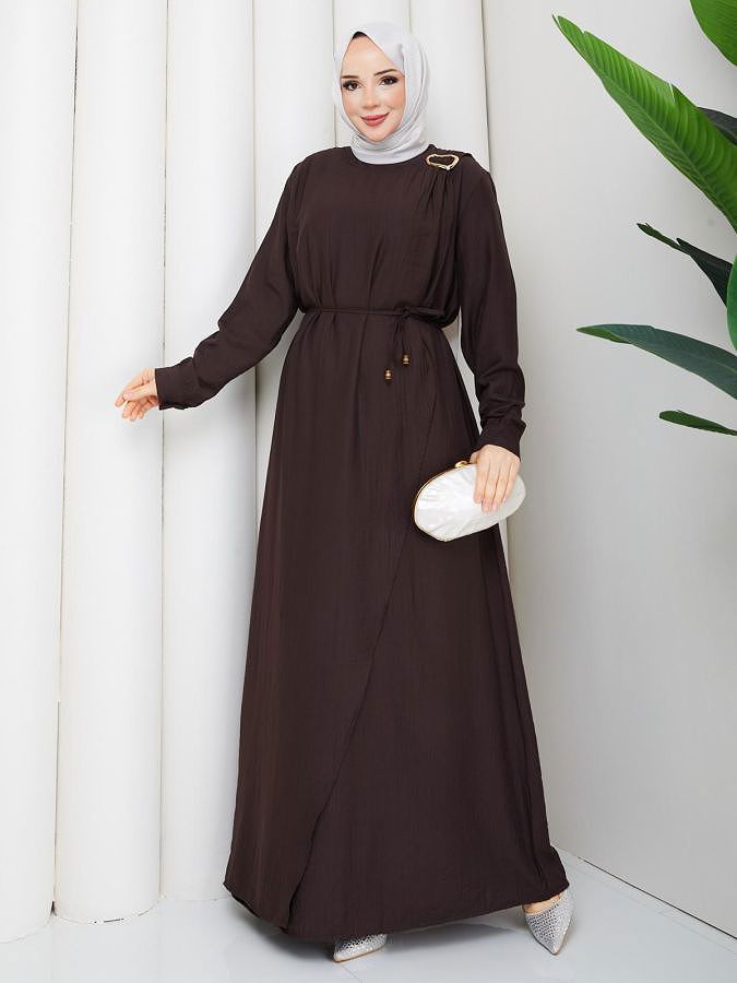 Toka Detaylı Tesettür Elbise-5145 Kahverengi