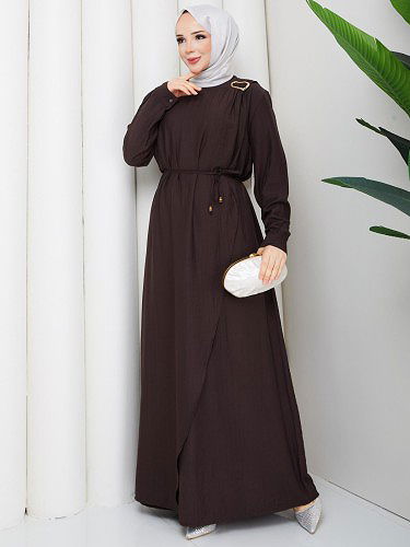Modaebva - Toka Detaylı Tesettür Elbise-5145 Kahverengi