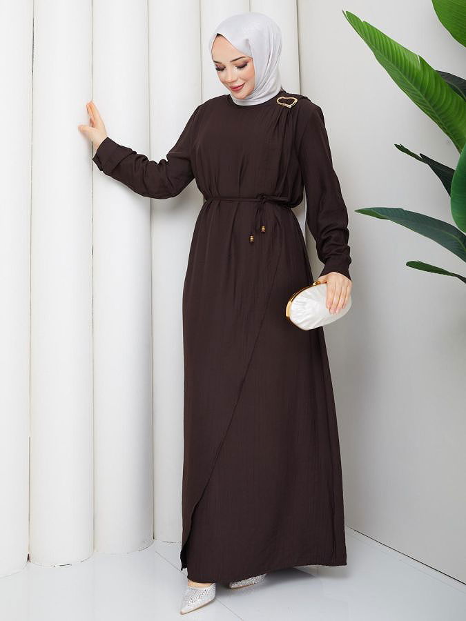 Toka Detaylı Tesettür Elbise-5145 Kahverengi