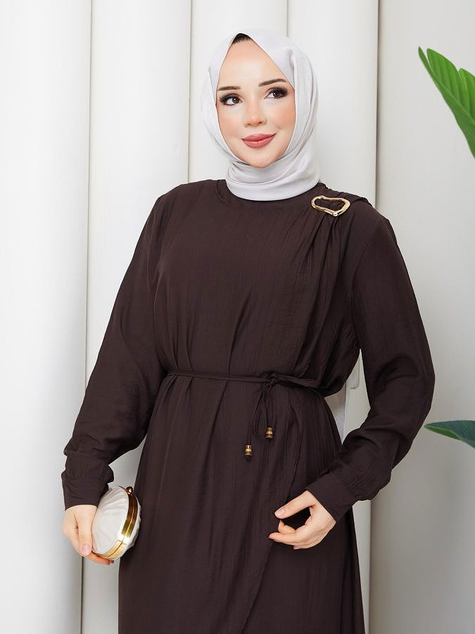 Toka Detaylı Tesettür Elbise-5145 Kahverengi