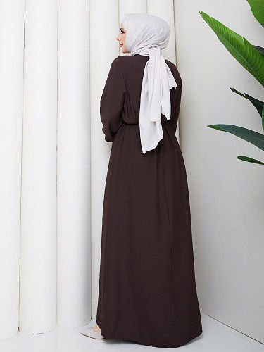 Toka Detaylı Tesettür Elbise-5145 Kahverengi - Thumbnail
