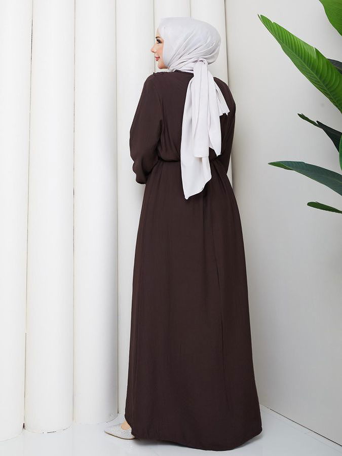 Toka Detaylı Tesettür Elbise-5145 Kahverengi
