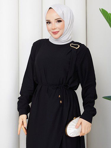 Modaebva - Toka Detaylı Tesettür Elbise-5145 Siyah