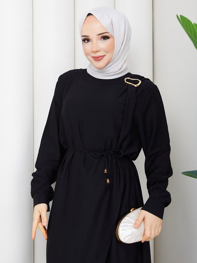 Toka Detaylı Tesettür Elbise-5145 Siyah