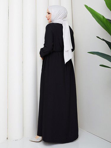 Toka Detaylı Tesettür Elbise-5145 Siyah - Thumbnail