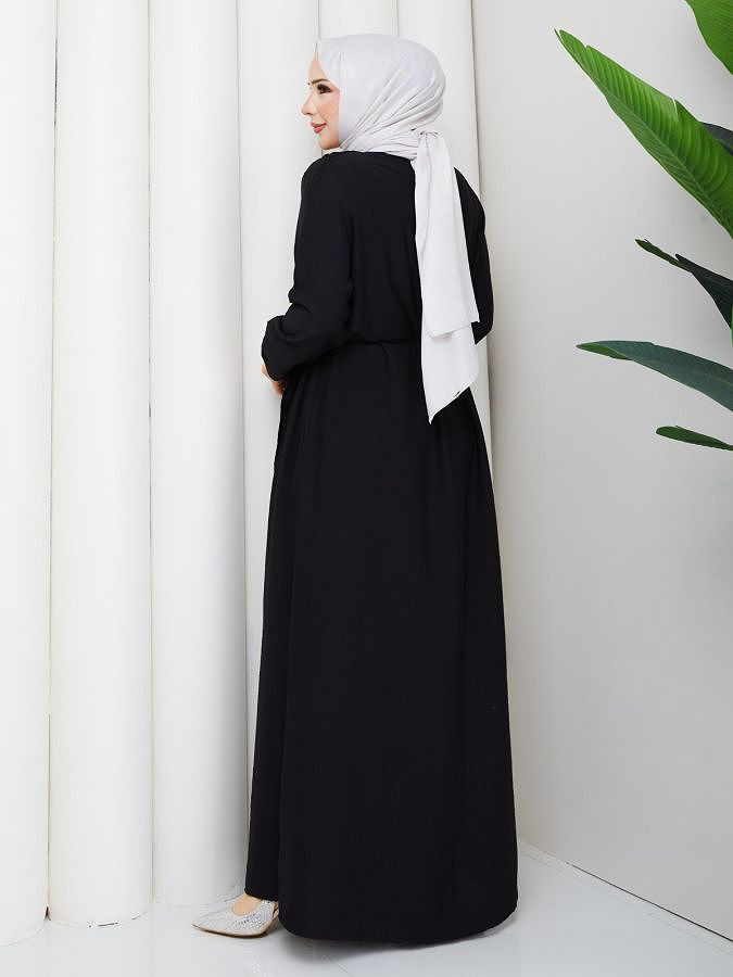 Toka Detaylı Tesettür Elbise-5145 Siyah