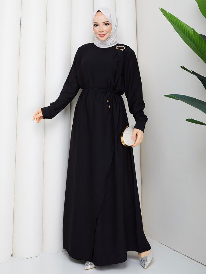 Toka Detaylı Tesettür Elbise-5145 Siyah