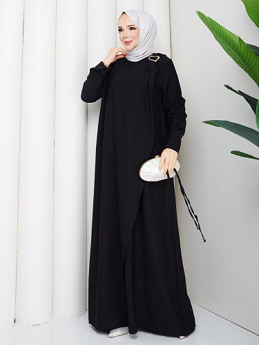 Modaebva - Toka Detaylı Tesettür Elbise-5145 Siyah (1)