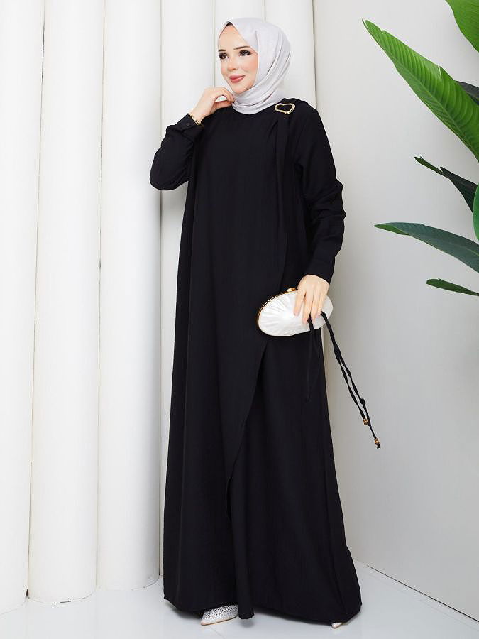 Toka Detaylı Tesettür Elbise-5145 Siyah