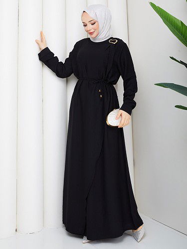 Toka Detaylı Tesettür Elbise-5145 Siyah - Thumbnail