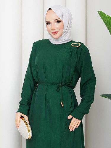Toka Detaylı Tesettür Elbise-5145 Zümrüt yeşili - Thumbnail
