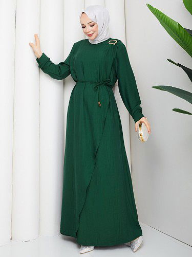 Modaebva - Toka Detaylı Tesettür Elbise-5145 Zümrüt yeşili