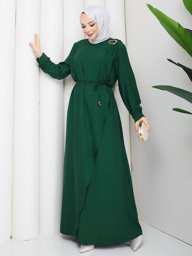 Toka Detaylı Tesettür Elbise-5145 Zümrüt yeşili