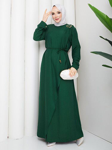 Toka Detaylı Tesettür Elbise-5145 Zümrüt yeşili - Thumbnail