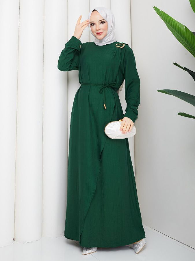 Toka Detaylı Tesettür Elbise-5145 Zümrüt yeşili