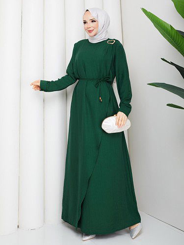 Toka Detaylı Tesettür Elbise-5145 Zümrüt yeşili - Thumbnail