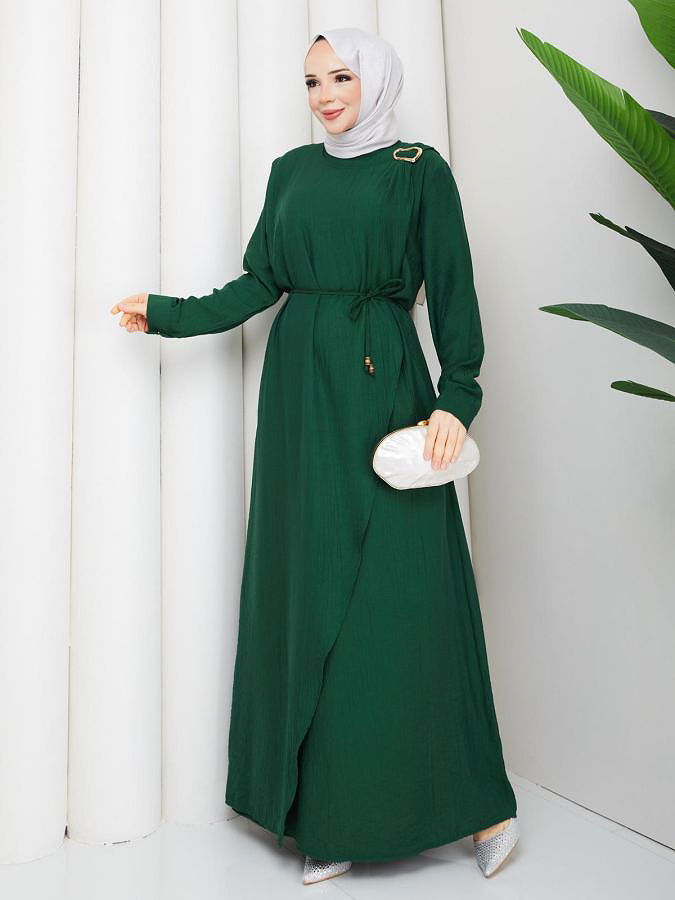 Toka Detaylı Tesettür Elbise-5145 Zümrüt yeşili