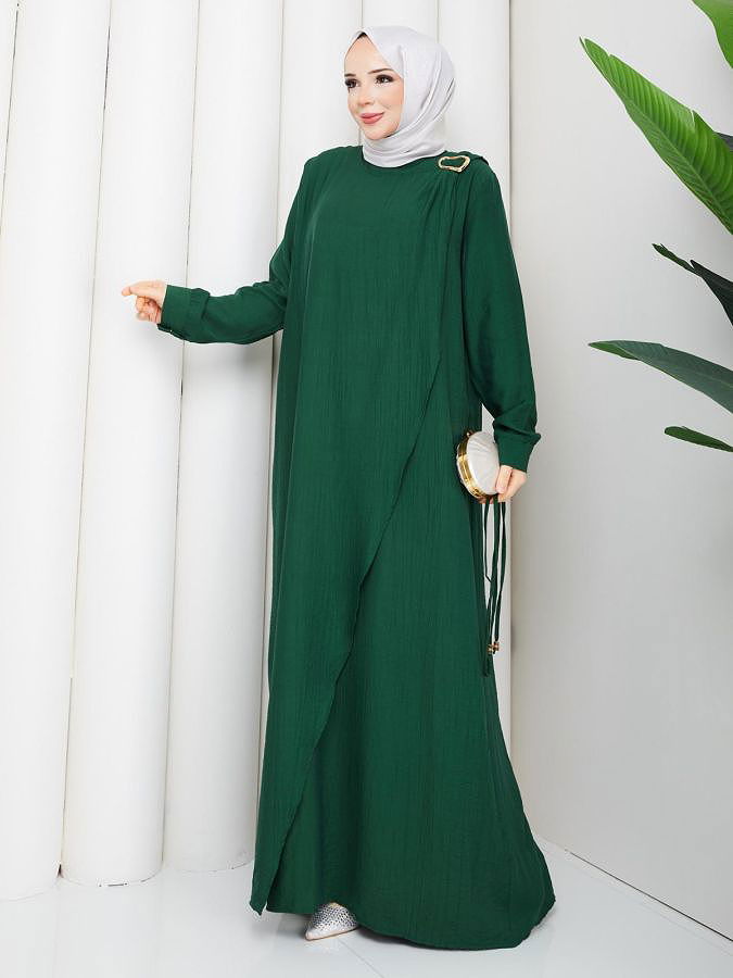 Toka Detaylı Tesettür Elbise-5145 Zümrüt yeşili