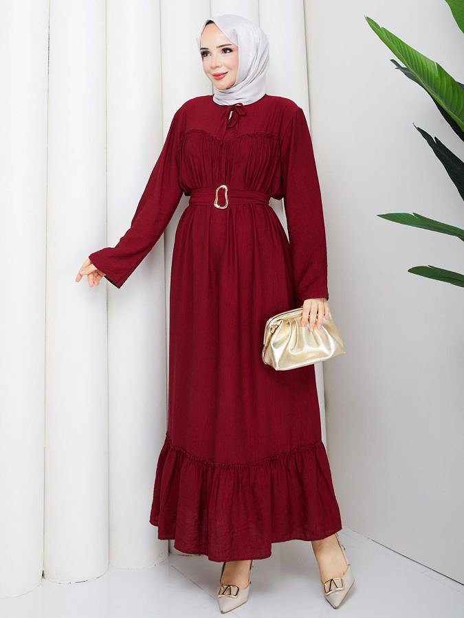 Toka Kemerli Tesettür Elbise-5236 Bordo
