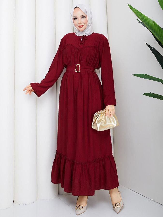 Toka Kemerli Tesettür Elbise-5236 Bordo