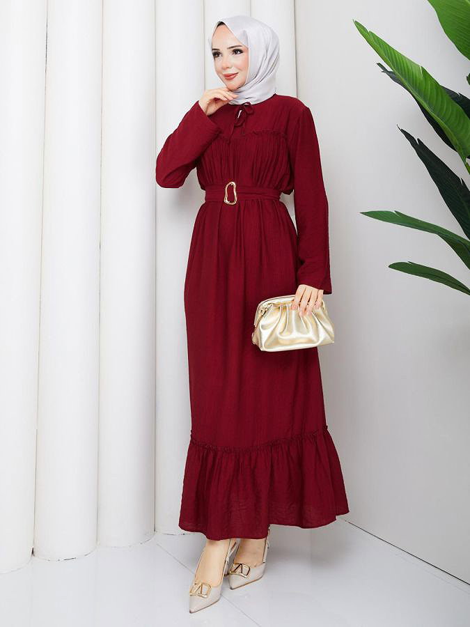 Toka Kemerli Tesettür Elbise-5236 Bordo