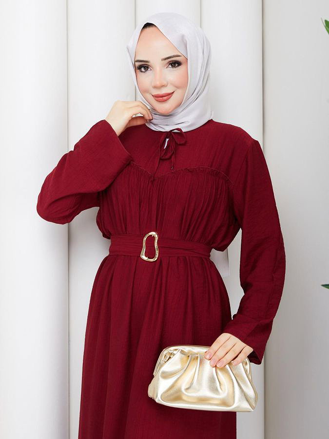 Toka Kemerli Tesettür Elbise-5236 Bordo
