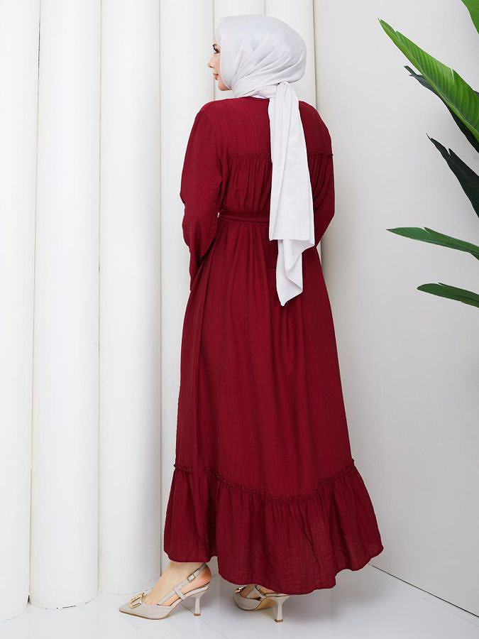 Toka Kemerli Tesettür Elbise-5236 Bordo