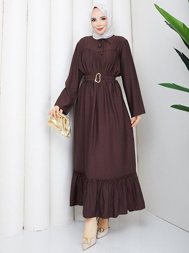 Modaebva - Toka Kemerli Tesettür Elbise-5236 Kahve rengi