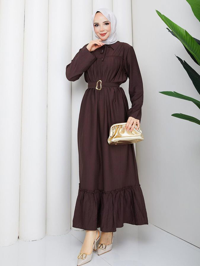 Toka Kemerli Tesettür Elbise-5236 Kahve rengi