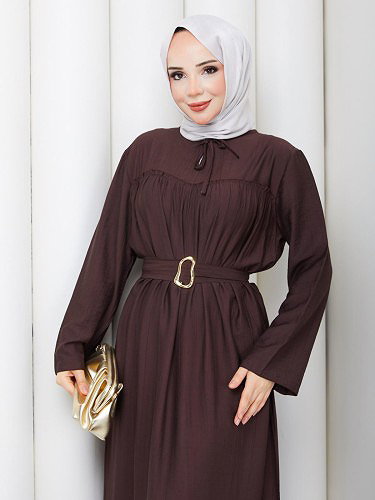 Modaebva - Toka Kemerli Tesettür Elbise-5236 Kahve rengi (1)