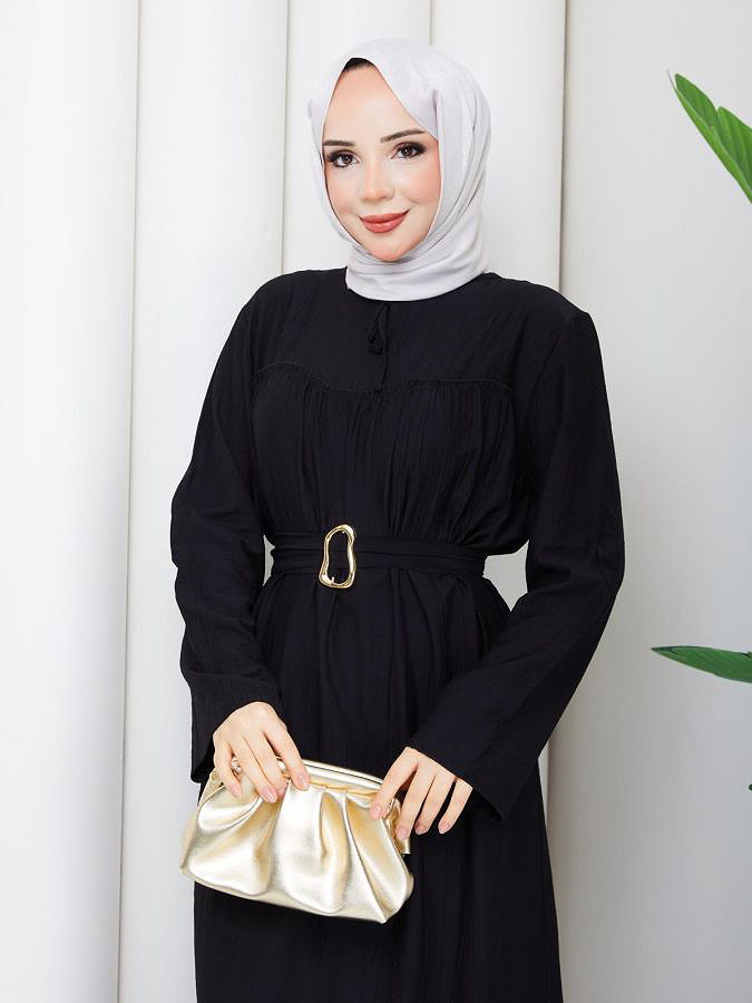 Toka Kemerli Tesettür Elbise-5236 Siyah