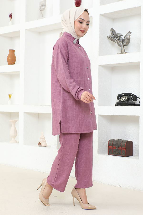 Yaka Taşlı İkili Tesettür Takım-3358 Gülkurusu