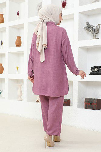 Yaka Taşlı İkili Tesettür Takım-3358 Gülkurusu - Thumbnail