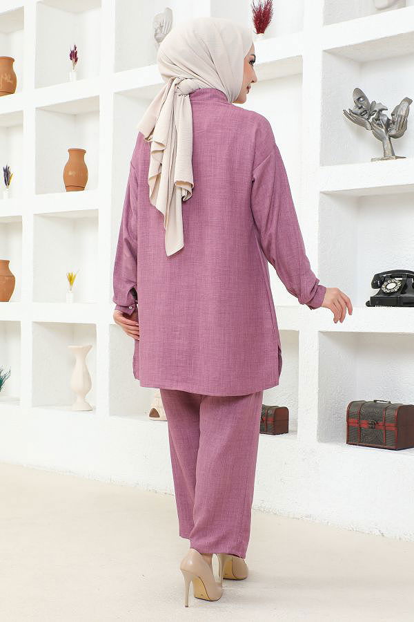 Yaka Taşlı İkili Tesettür Takım-3358 Gülkurusu