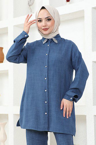 Yaka Taşlı İkili Tesettür Takım-3358 İndigo - Thumbnail