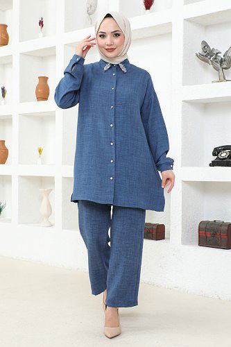 Yaka Taşlı İkili Tesettür Takım-3358 İndigo - Thumbnail