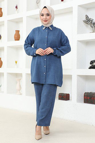 Yaka Taşlı İkili Tesettür Takım-3358 İndigo - Thumbnail