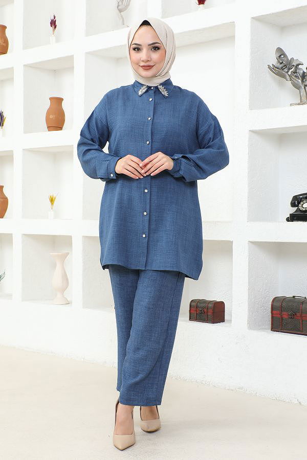 Yaka Taşlı İkili Tesettür Takım-3358 İndigo