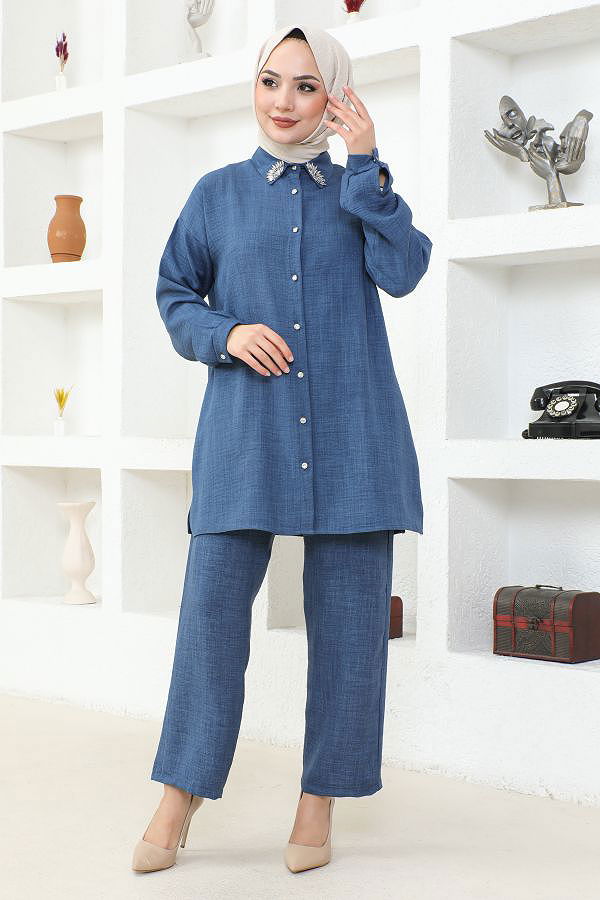 Yaka Taşlı İkili Tesettür Takım-3358 İndigo